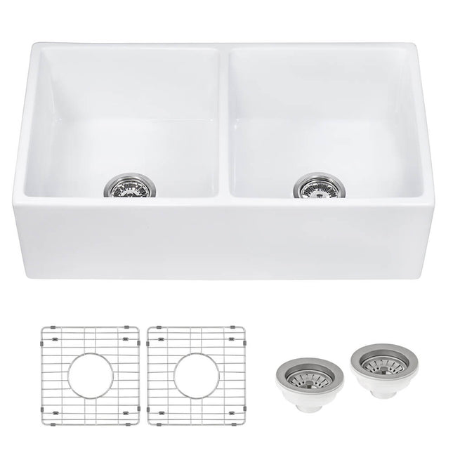 Ruvati 33 x 18 inch Fireclay Farmhouse Apron-Front Kitchen Sink Double Bowl - White - RVL2311WH Ruvati