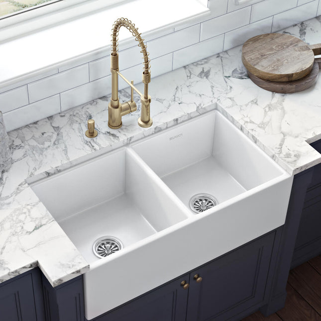 Ruvati 33 x 18 inch Fireclay Farmhouse Apron-Front Kitchen Sink Double Bowl - White - RVL2311WH Ruvati