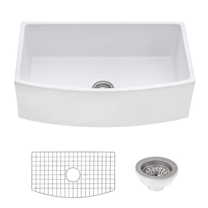 Ruvati 33 inch Fireclay White Farmhouse Kitchen Sink Bow Front Curved Apron Single Bowl - RVL2398WH Ruvati