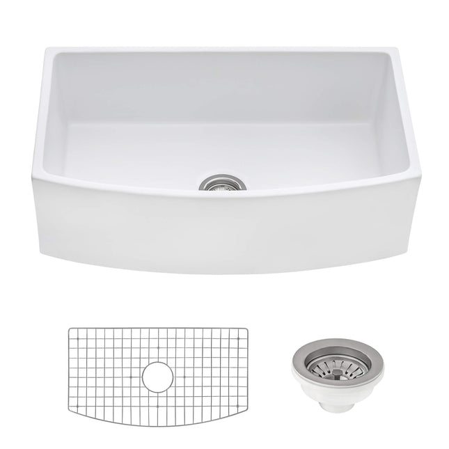 Ruvati 33 inch Fireclay White Farmhouse Kitchen Sink Bow Front Curved Apron Single Bowl - RVL2398WH Ruvati