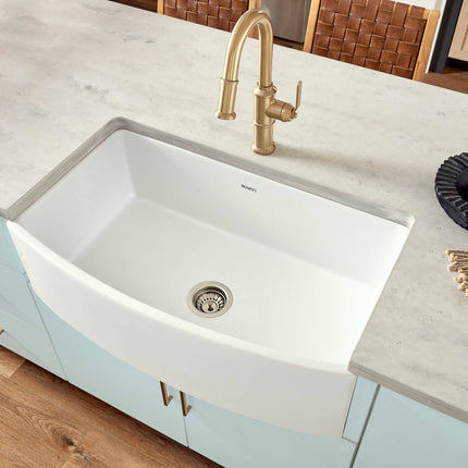 Ruvati 33 inch Fireclay White Farmhouse Kitchen Sink Bow Front Curved Apron Single Bowl - RVL2398WH Ruvati