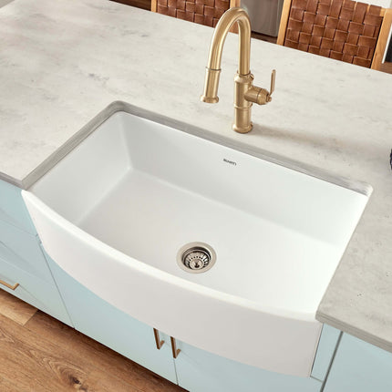 Ruvati 33 inch Fireclay White Farmhouse Kitchen Sink Bow Front Curved Apron Single Bowl - RVL2398WH Ruvati
