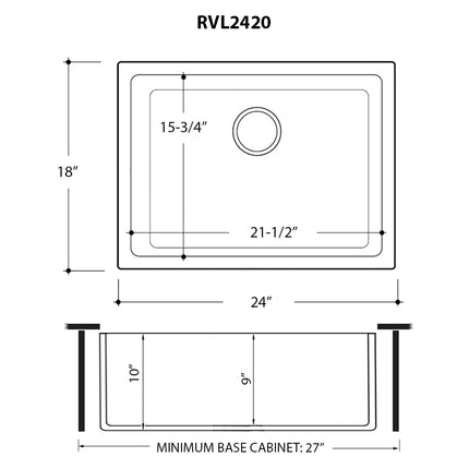 Ruvati 24-inch Fireclay Undermount / Drop-in Topmount Kitchen Sink Single Bowl - Glossy Black - RVL2420BK Ruvati