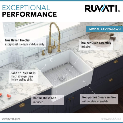 Ruvati 23-inch Fireclay Farmhouse Kitchen Laundry Utility Sink Single Bowl - White - RVL2468WH Ruvati