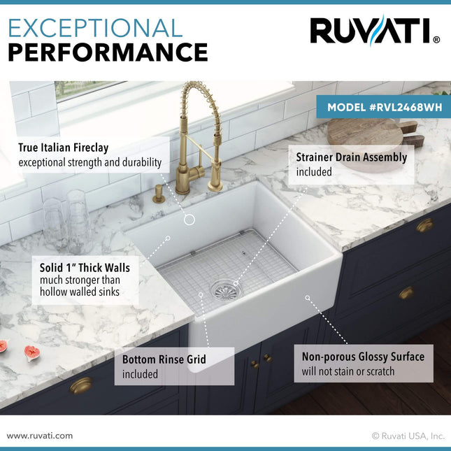 Ruvati 23-inch Fireclay Farmhouse Kitchen Laundry Utility Sink Single Bowl - White - RVL2468WH Ruvati