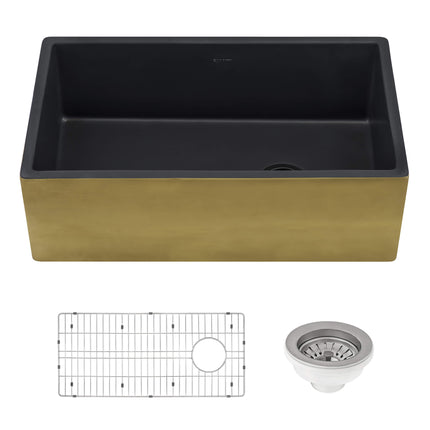 Ruvati 30-inch Matte Black and Brushed Gold Fireclay Modern Farmhouse Kitchen Sink Single Bowl - RVL4018GRG Ruvati
