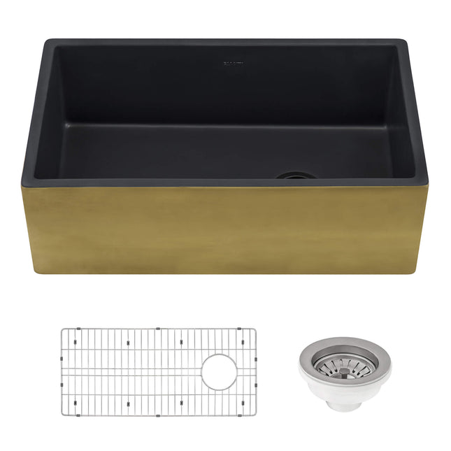 Ruvati 30-inch Matte Black and Brushed Gold Fireclay Modern Farmhouse Kitchen Sink Single Bowl - RVL4018GRG Ruvati