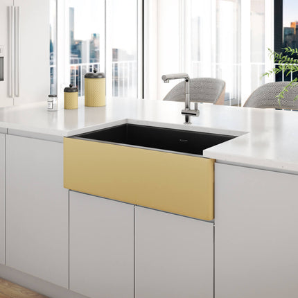 Ruvati 30-inch Matte Black and Brushed Gold Fireclay Modern Farmhouse Kitchen Sink Single Bowl - RVL4018GRG Ruvati