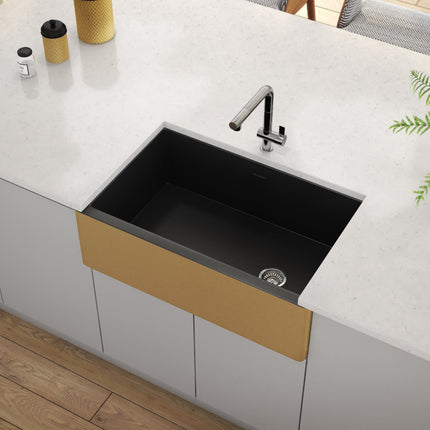 Ruvati 30-inch Matte Black and Brushed Gold Fireclay Modern Farmhouse Kitchen Sink Single Bowl - RVL4018GRG Ruvati