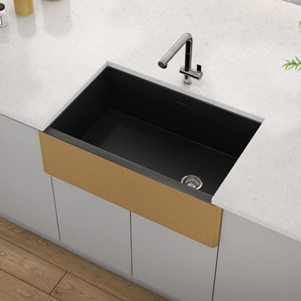 Ruvati 30-inch Matte Black and Brushed Gold Fireclay Modern Farmhouse Kitchen Sink Single Bowl - RVL4018GRG Ruvati