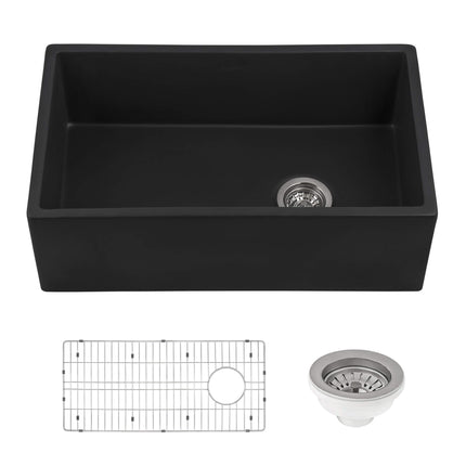 Ruvati 30-inch Matte Black Fireclay Modern Farmhouse Offset Drain Kitchen Sink Single Bowl - RVL4018MBK Ruvati