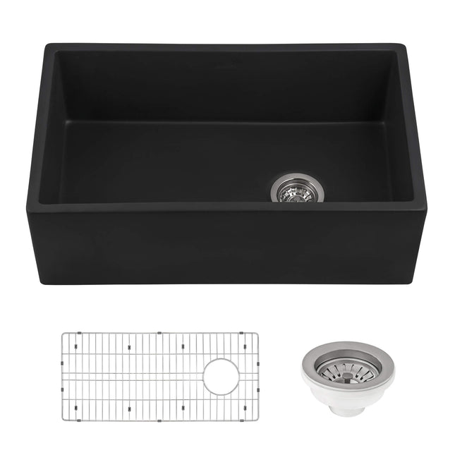 Ruvati 30-inch Matte Black Fireclay Modern Farmhouse Offset Drain Kitchen Sink Single Bowl - RVL4018MBK Ruvati