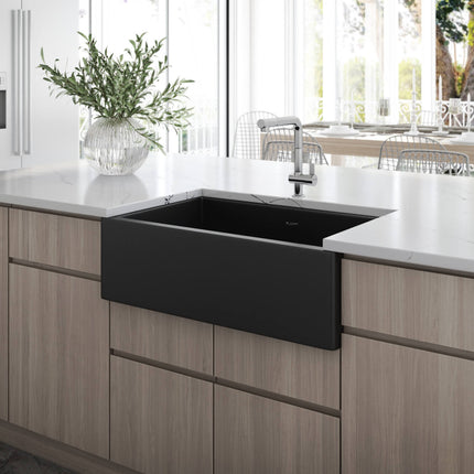 Ruvati 30-inch Matte Black Fireclay Modern Farmhouse Offset Drain Kitchen Sink Single Bowl - RVL4018MBK Ruvati