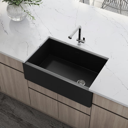 Ruvati 30-inch Matte Black Fireclay Modern Farmhouse Offset Drain Kitchen Sink Single Bowl - RVL4018MBK Ruvati