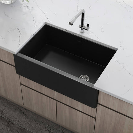 Ruvati 30-inch Matte Black Fireclay Modern Farmhouse Offset Drain Kitchen Sink Single Bowl - RVL4018MBK Ruvati