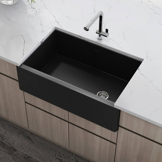 Ruvati 30-inch Matte Black Fireclay Modern Farmhouse Offset Drain Kitchen Sink Single Bowl - RVL4018MBK Ruvati