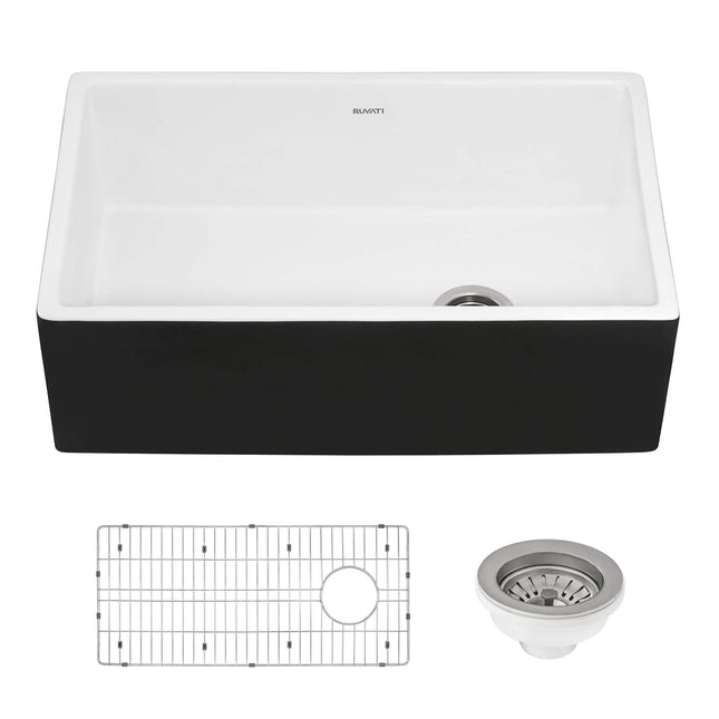 Ruvati Black and White 30-inch Fireclay Farmhouse Offset Drain Kitchen Sink Single Bowl - RVL4018RBW Ruvati