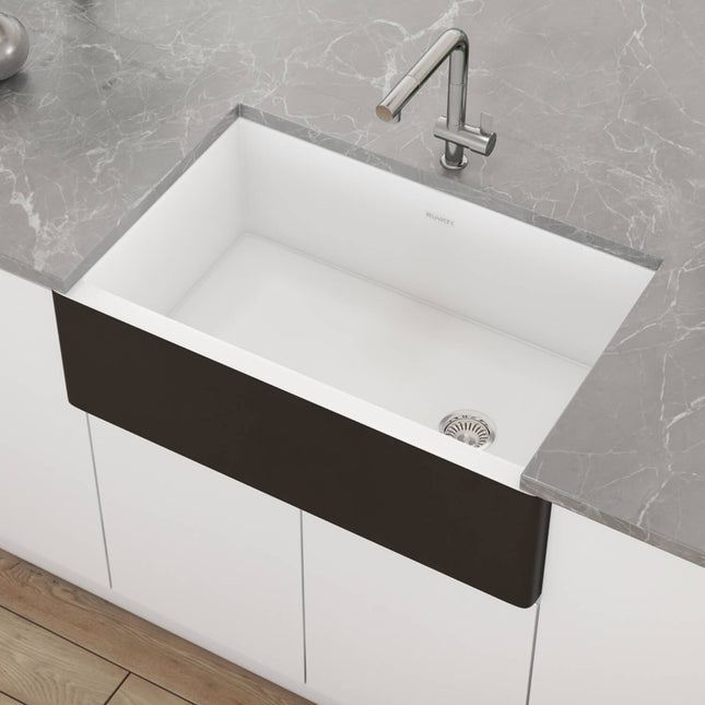 Ruvati Black and White 30-inch Fireclay Farmhouse Offset Drain Kitchen Sink Single Bowl - RVL4018RBW Ruvati