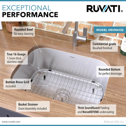 Ruvati 24-inch Undermount 16 Gauge Stainless Steel Kitchen Sink Single Bowl - RVM4132 Ruvati