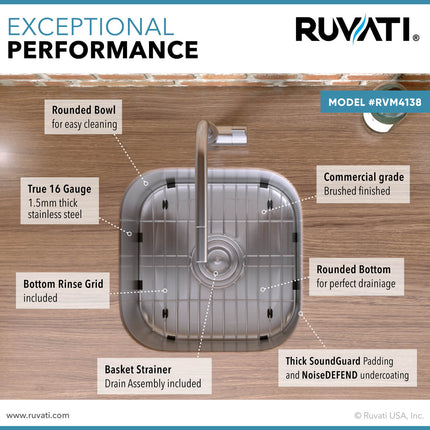 Ruvati 16 x 16 inch Bar Prep Sink Undermount 16 Gauge Stainless Steel - RVM4138 Ruvati