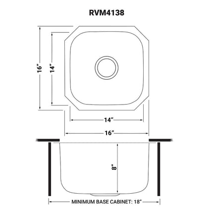 Ruvati 16 x 16 inch Bar Prep Sink Undermount 16 Gauge Stainless Steel - RVM4138 Ruvati