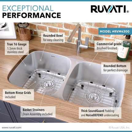 Ruvati 32-inch Undermount 50/50 Double Bowl 16 Gauge Stainless Steel Kitchen Sink - RVM4300 Ruvati