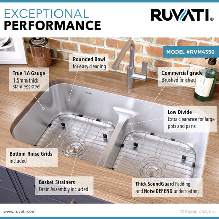 Ruvati 32-inch Low-Divide 50/50 Double Bowl Undermount 16 Gauge Stainless Steel Kitchen Sink - RVM4350 Ruvati