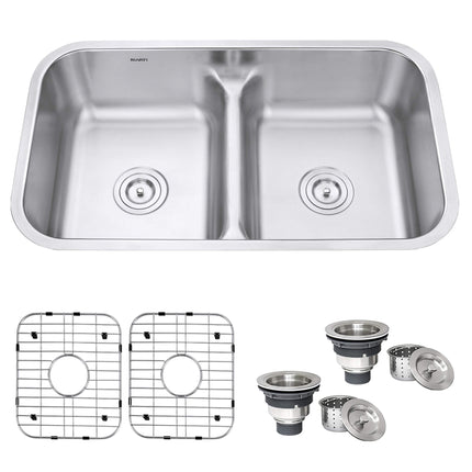 Ruvati 32-inch Low-Divide 50/50 Double Bowl Undermount 16 Gauge Stainless Steel Kitchen Sink - RVM4350 Ruvati