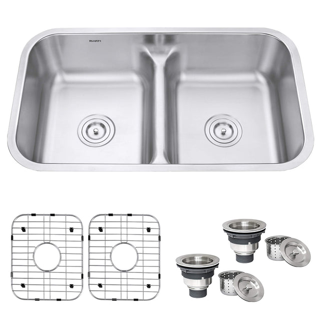 Ruvati 32-inch Low-Divide 50/50 Double Bowl Undermount 16 Gauge Stainless Steel Kitchen Sink - RVM4350 Ruvati