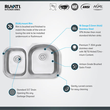 Ruvati 34-inch Undermount 40/60 Double Bowl 16 Gauge Stainless Steel Kitchen Sink - RVM4605 Ruvati