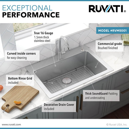 Ruvati 33 x 22 inch Drop-in Topmount Kitchen Sink 16 Gauge Stainless Steel Single Bowl - RVM5001 Ruvati