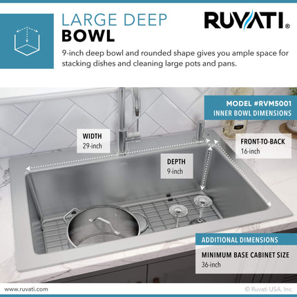Ruvati 33 x 22 inch Drop-in Topmount Kitchen Sink 16 Gauge Stainless Steel Single Bowl - RVM5001 Ruvati