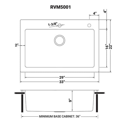 Ruvati 33 x 22 inch Drop-in Topmount Kitchen Sink 16 Gauge Stainless Steel Single Bowl - RVM5001 Ruvati