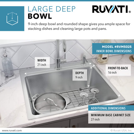 Ruvati 25 x 22 inch Drop-in Topmount Kitchen Sink 16 Gauge Stainless Steel Single Bowl - RVM5025 Ruvati