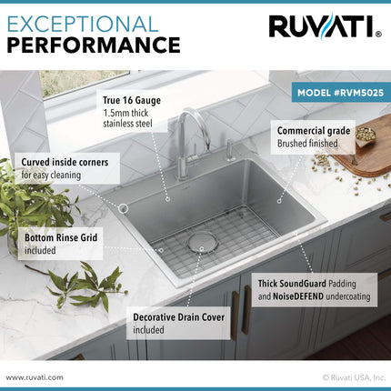 Ruvati 25 x 22 inch Drop-in Topmount Kitchen Sink 16 Gauge Stainless Steel Single Bowl - RVM5025 Ruvati