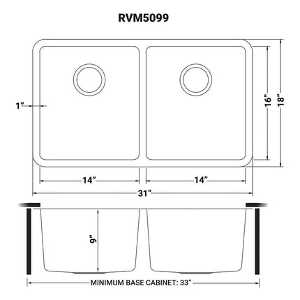 Ruvati 31-inch Undermount Kitchen Sink 50/50 Double Bowl 16 Gauge Stainless Steel - RVM5099 Ruvati