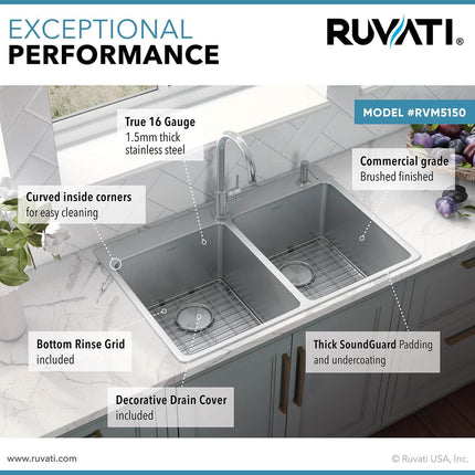 Ruvati 33 x 22 inch Drop-in Topmount Kitchen Sink 16 Gauge Stainless Steel 50/50 Double Bowl - RVM5150 Ruvati