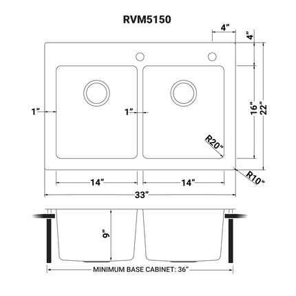 Ruvati 33 x 22 inch Drop-in Topmount Kitchen Sink 16 Gauge Stainless Steel 50/50 Double Bowl - RVM5150 Ruvati