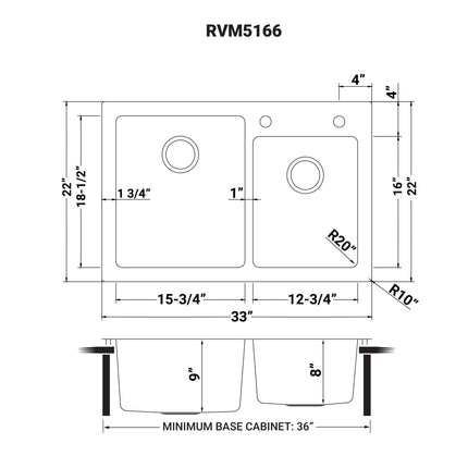 Ruvati 33 x 22 inch Drop-in Topmount Kitchen Sink 16 Gauge Stainless Steel 60/40 Double Bowl - RVM5166 Ruvati