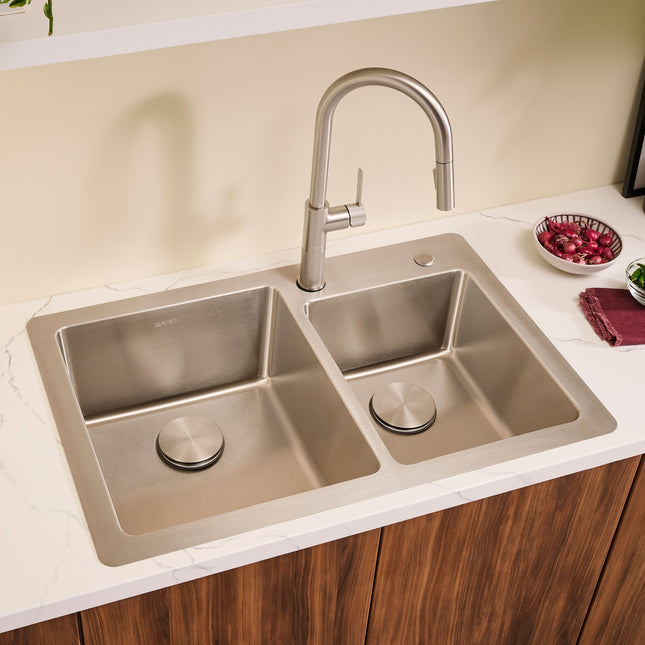 Ruvati 33 x 22 inch Drop-in Topmount Kitchen Sink 16 Gauge Stainless Steel 60/40 Double Bowl - RVM5166 Ruvati