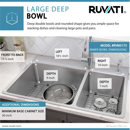 Ruvati 33 x 22 inch Drop-in Topmount Kitchen Sink 16 Gauge Stainless Steel 70/30 Double Bowl - RVM5173 Ruvati