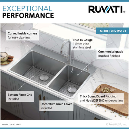 Ruvati 33 x 22 inch Drop-in Topmount Kitchen Sink 16 Gauge Stainless Steel 70/30 Double Bowl - RVM5173 Ruvati