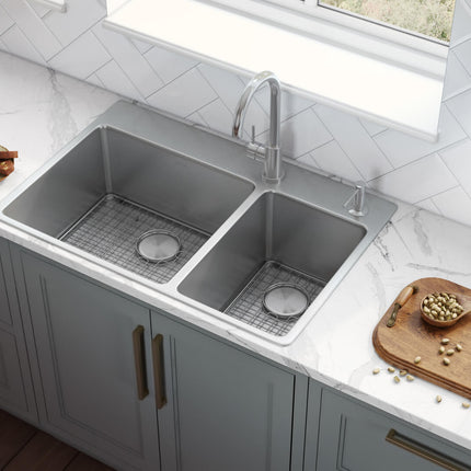 Ruvati 33 x 22 inch Drop-in Topmount Kitchen Sink 16 Gauge Stainless Steel 70/30 Double Bowl - RVM5173 Ruvati