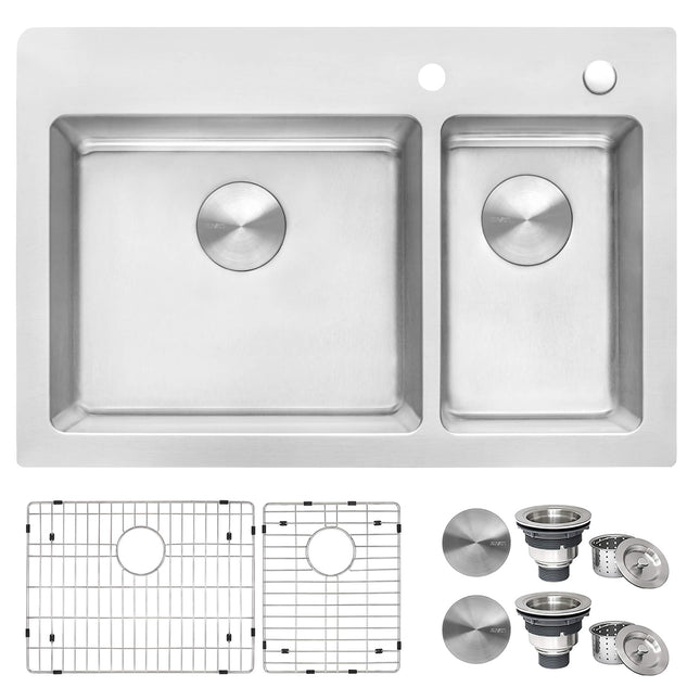 Ruvati 33 x 22 inch Drop-in Topmount Kitchen Sink 16 Gauge Stainless Steel 70/30 Double Bowl - RVM5173 Ruvati