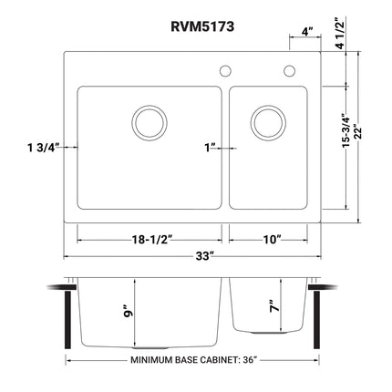 Ruvati 33 x 22 inch Drop-in Topmount Kitchen Sink 16 Gauge Stainless Steel 70/30 Double Bowl - RVM5173 Ruvati