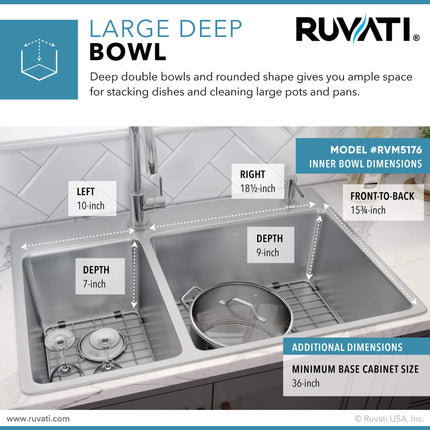 Ruvati 33 x 22 inch Drop-in Topmount Kitchen Sink 16 Gauge Stainless Steel 30/70 Double Bowl - RVM5176 Ruvati