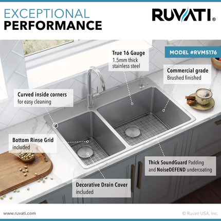 Ruvati 33 x 22 inch Drop-in Topmount Kitchen Sink 16 Gauge Stainless Steel 30/70 Double Bowl - RVM5176 Ruvati