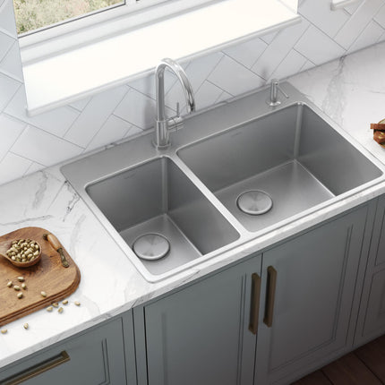Ruvati 33 x 22 inch Drop-in Topmount Kitchen Sink 16 Gauge Stainless Steel 30/70 Double Bowl - RVM5176 Ruvati