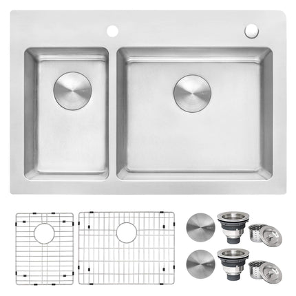 Ruvati 33 x 22 inch Drop-in Topmount Kitchen Sink 16 Gauge Stainless Steel 30/70 Double Bowl - RVM5176 Ruvati
