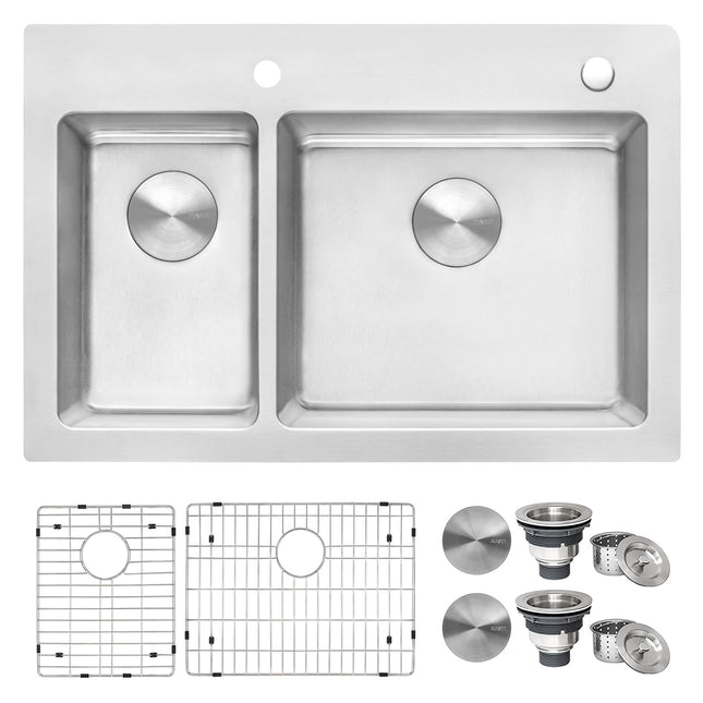 Ruvati 33 x 22 inch Drop-in Topmount Kitchen Sink 16 Gauge Stainless Steel 30/70 Double Bowl - RVM5176 Ruvati